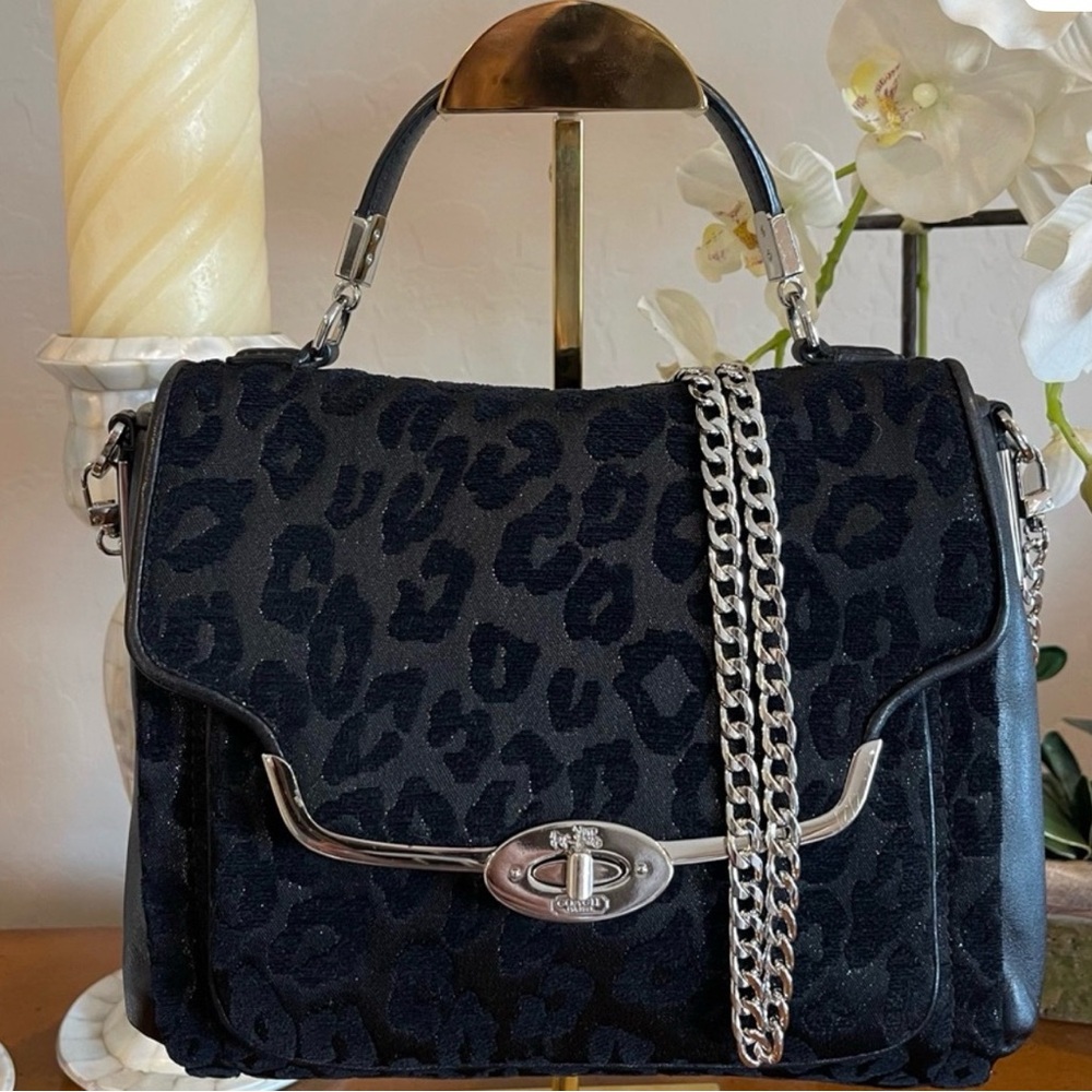 RARE Coach Madison Chenille Black Ocelot Leopard Print Satchel Purse